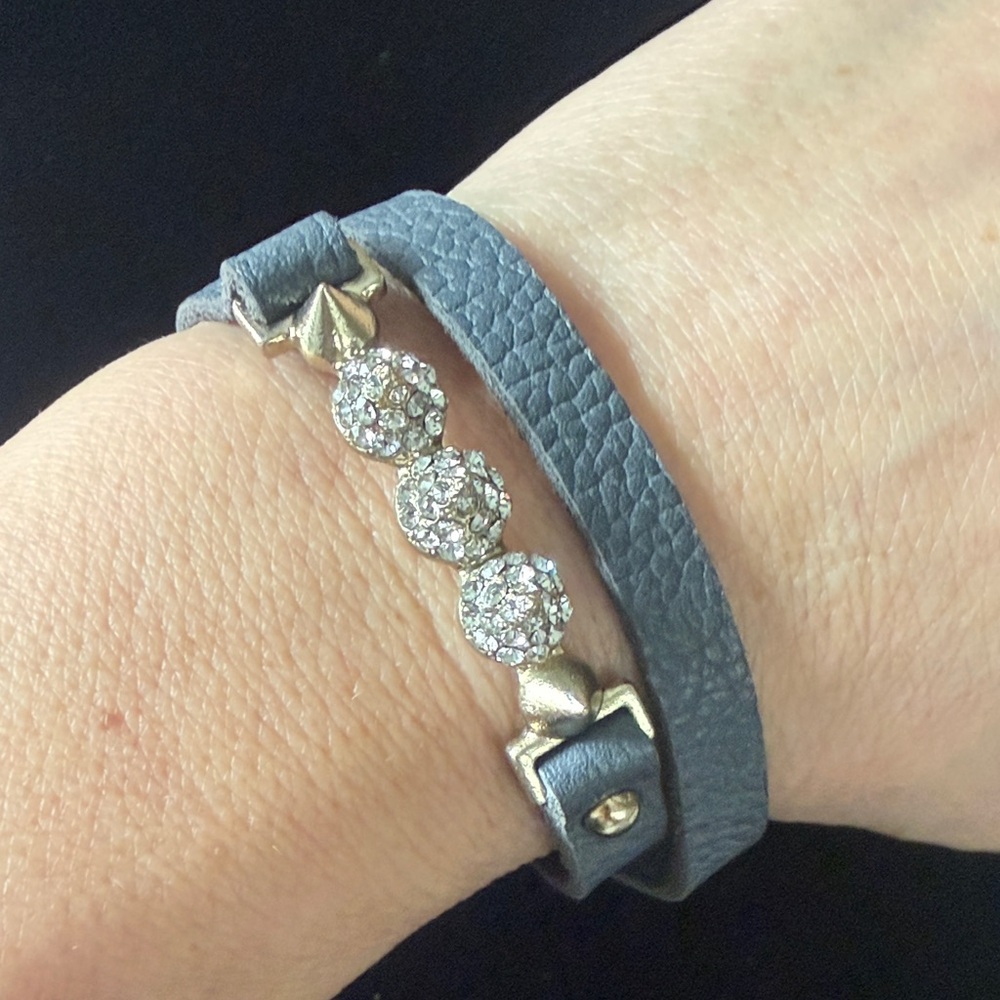 Gray Leather Bracelet with Gold pave spike Accents